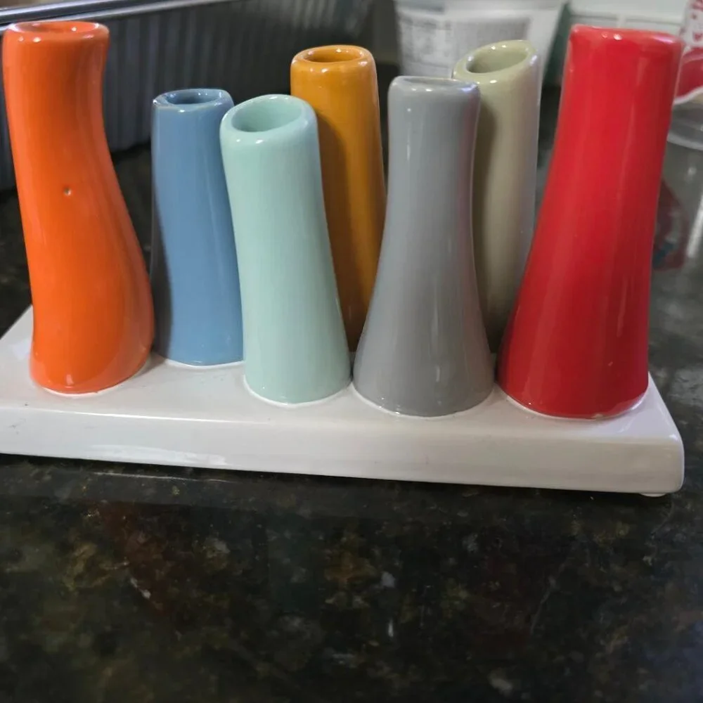 Chive Pooley ceramic bud free stand vase featuring 8 colorful tubes 7.5x3x4.5